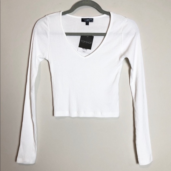 Topshop Tops - Topshop White Ribbed Long Sleeve Crop Top